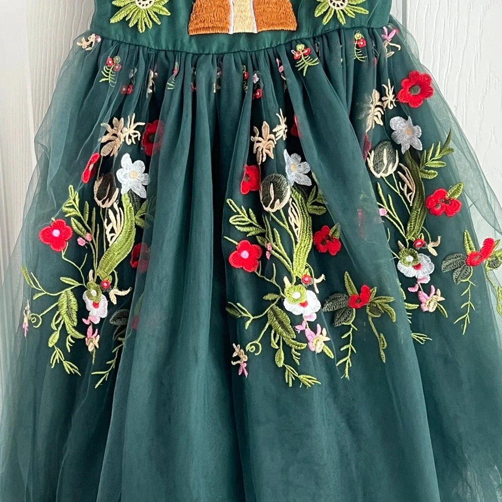 Mini Taylor Reindeer Floral Tulle Dress 7-8Y Girls Forest Green Christmas Party